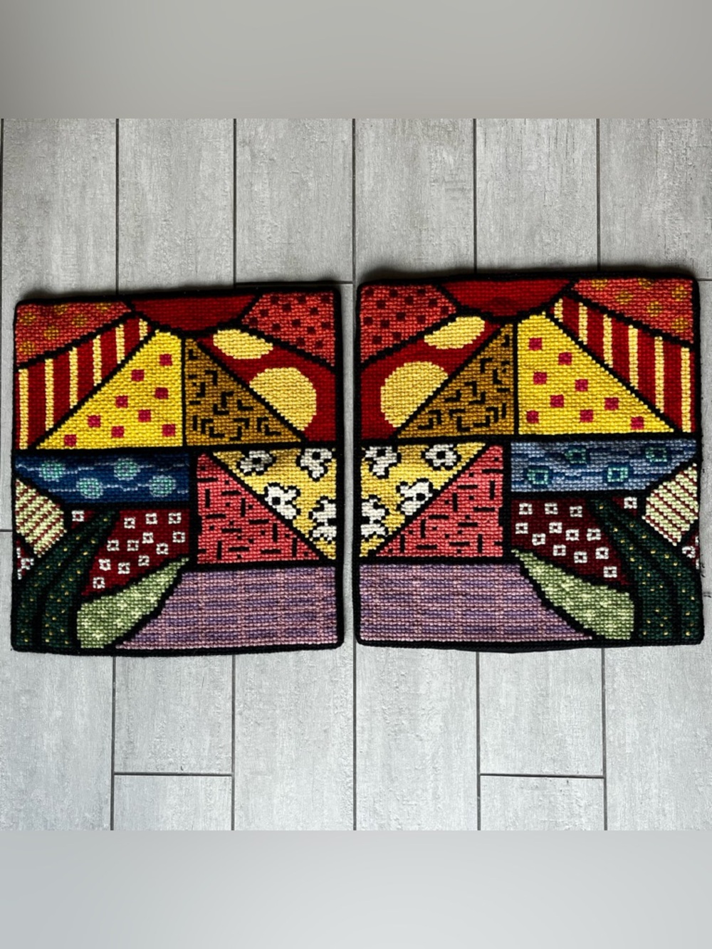 Vintage Mid-Century Needlepoint Pillows Woven Tapestry Throw Geometric Boho Art